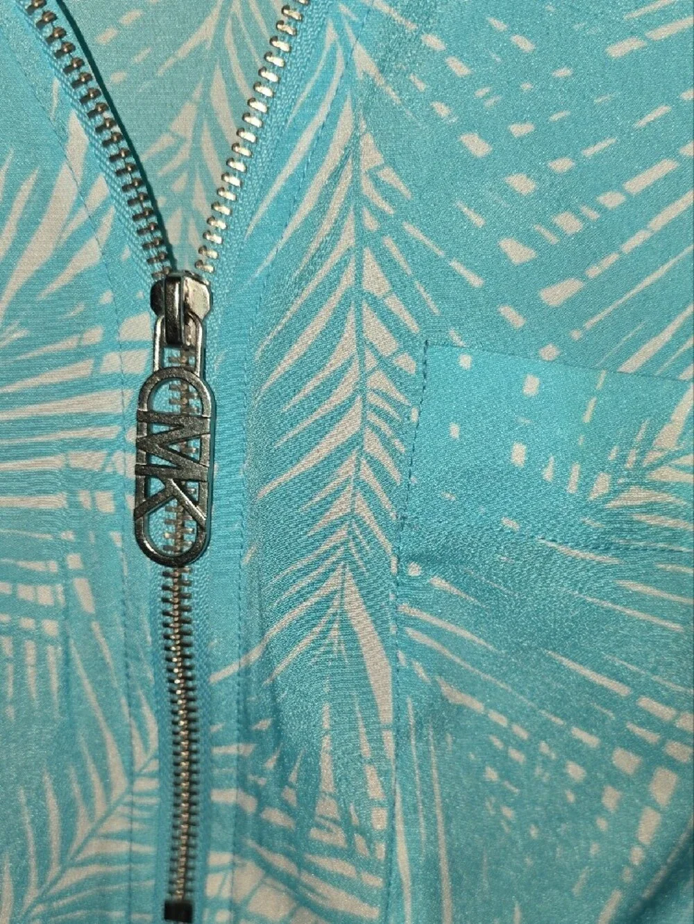Michael Kors Light Blue and White Palm-Print Zip Front Blouse